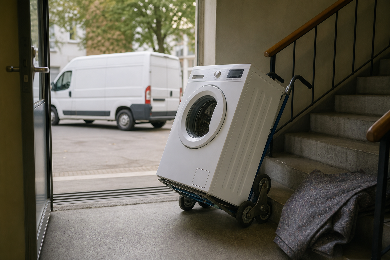 Frakte vaskemaskin liggende – trapper, tralle og transportbolter