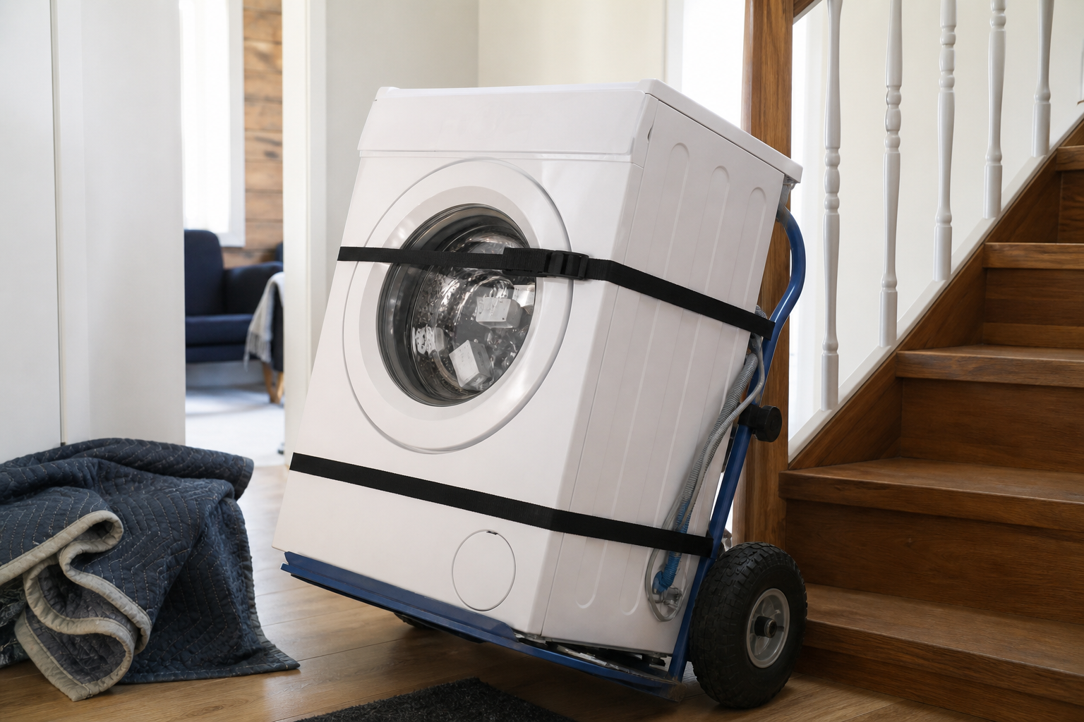 Frakte vaskemaskin liggende – trapper, tralle og transportbolter