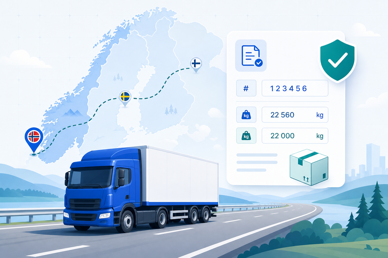 Illustrasjon: lastebil med norske varer i transitt gjennom Sverige og Finland, med digital NVIT-tolldeklarasjon