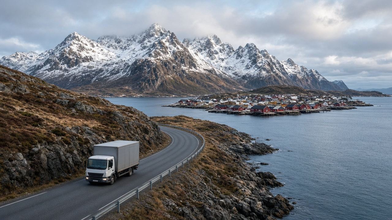 Lastebil på kystvei i Nord-Norge med snødekte fjell og et fiskevær i bakgrunnen