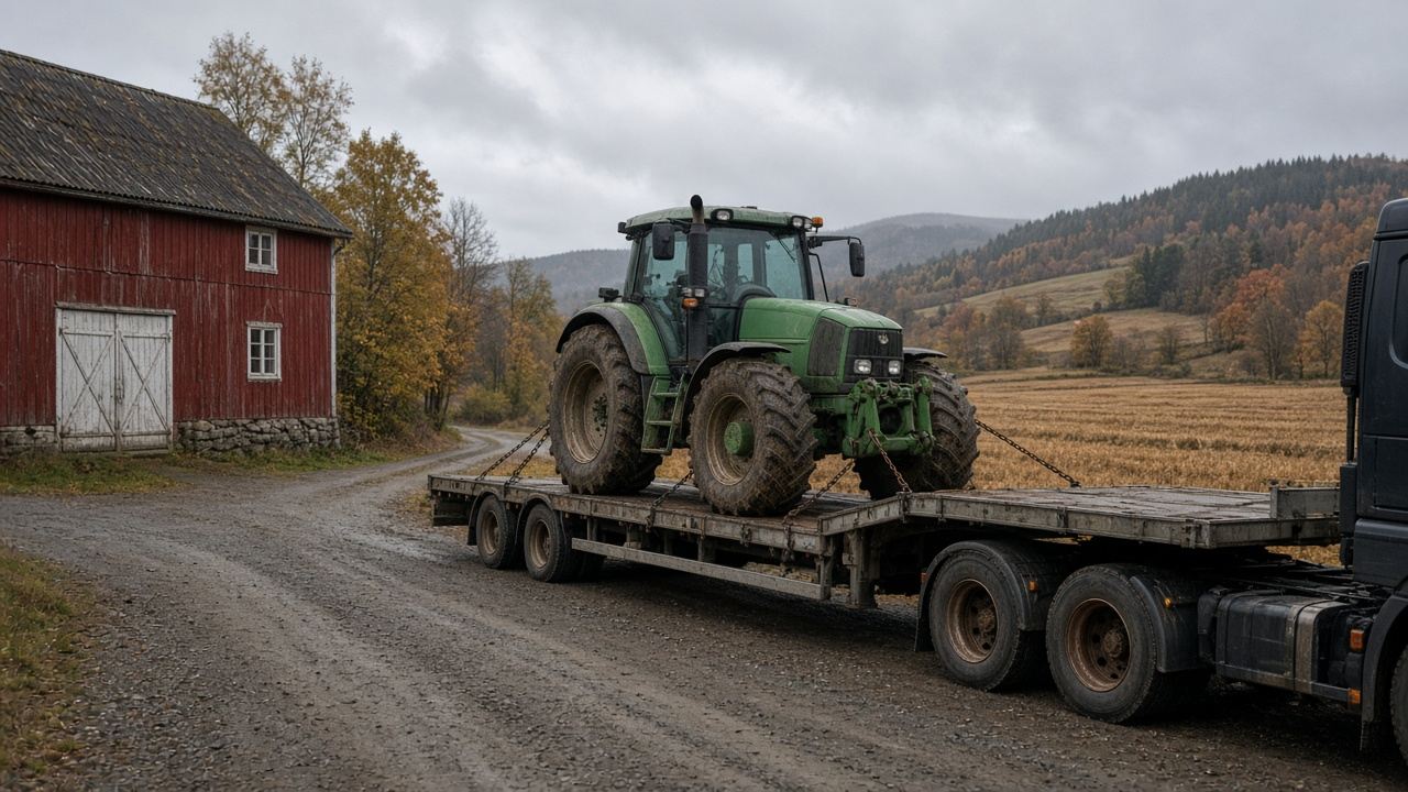 Traktor sikret med kjetting på en lavbygger ved en gård